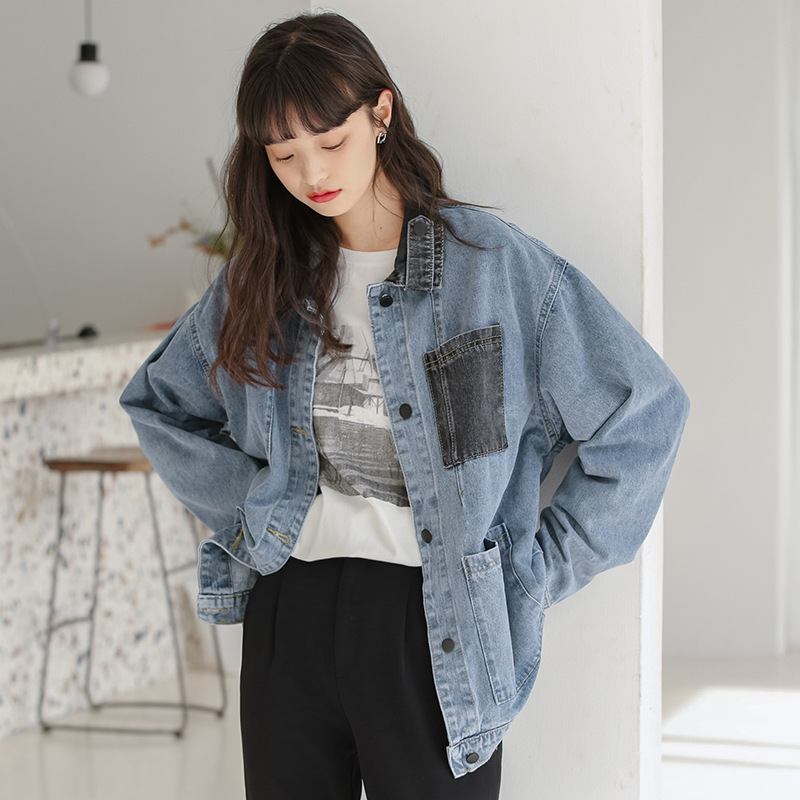 2023 Retro Color Block Denim Jacket Naisten Muoti Löysä Takki