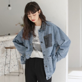 2023 Retro Color Block Denim Jacket Naisten Muoti Löysä Takki