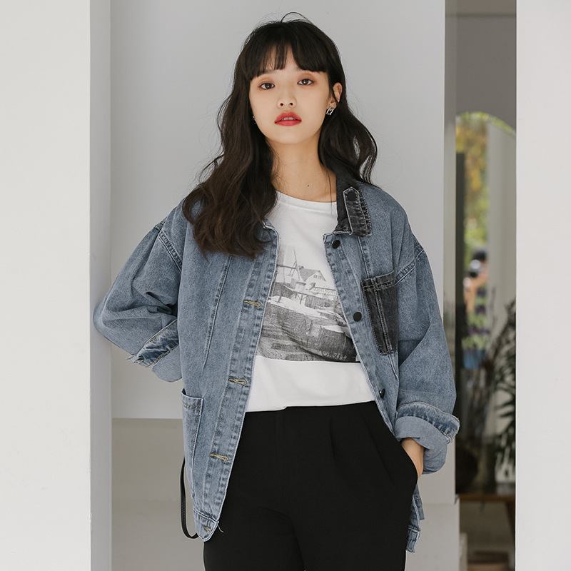 2023 Retro Color Block Denim Jacket Naisten Muoti Löysä Takki