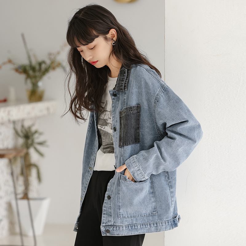 2023 Retro Color Block Denim Jacket Naisten Muoti Löysä Takki