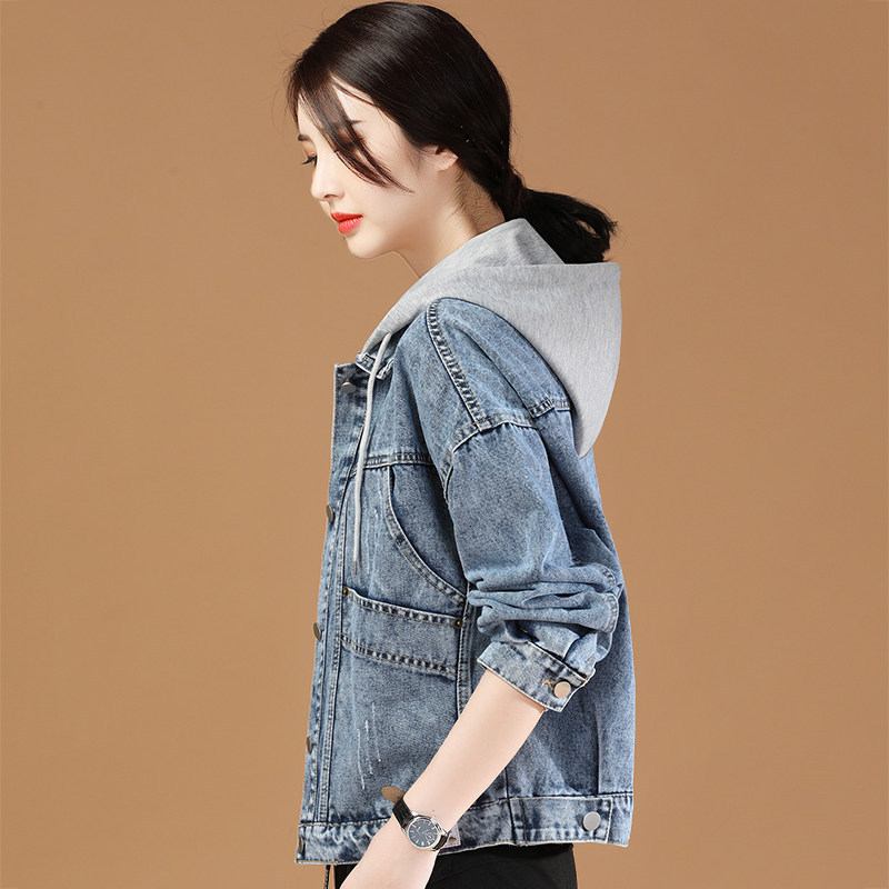 Hooded Denim Short Jacket Naisten Loose 2023 Uusi Takki