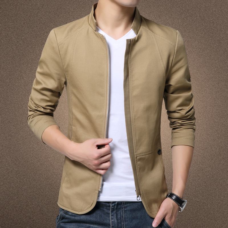 Miesten Seisomakaulus Takki Slim Fit Vetoketju Solid Beige