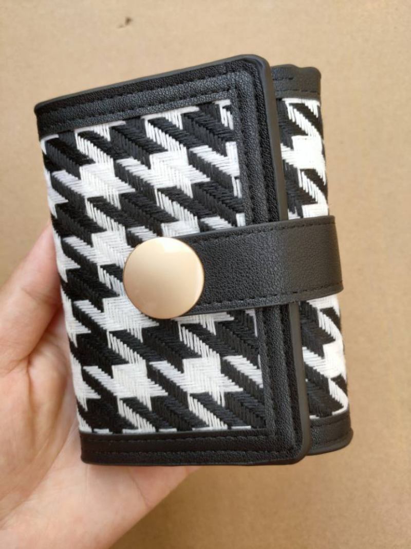 Uusi Naisten Kolminkertainen Houndstooth Canvas Lompakko Lyhyt Solki Pitkä Kytkin Monitoiminen Kolikkokukkaro