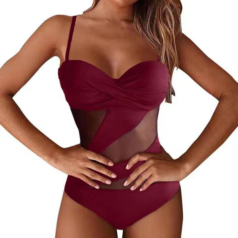 2023 Bikini Solid Color -uimapuku Seksikäs Verkkoommeltu Ontto Yksiosainen Uimapuku