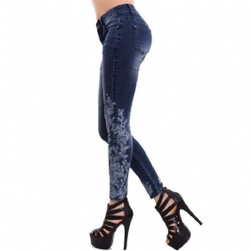 High Stretch Skinny Jeans Naisten Brodeerattu Slim Blue