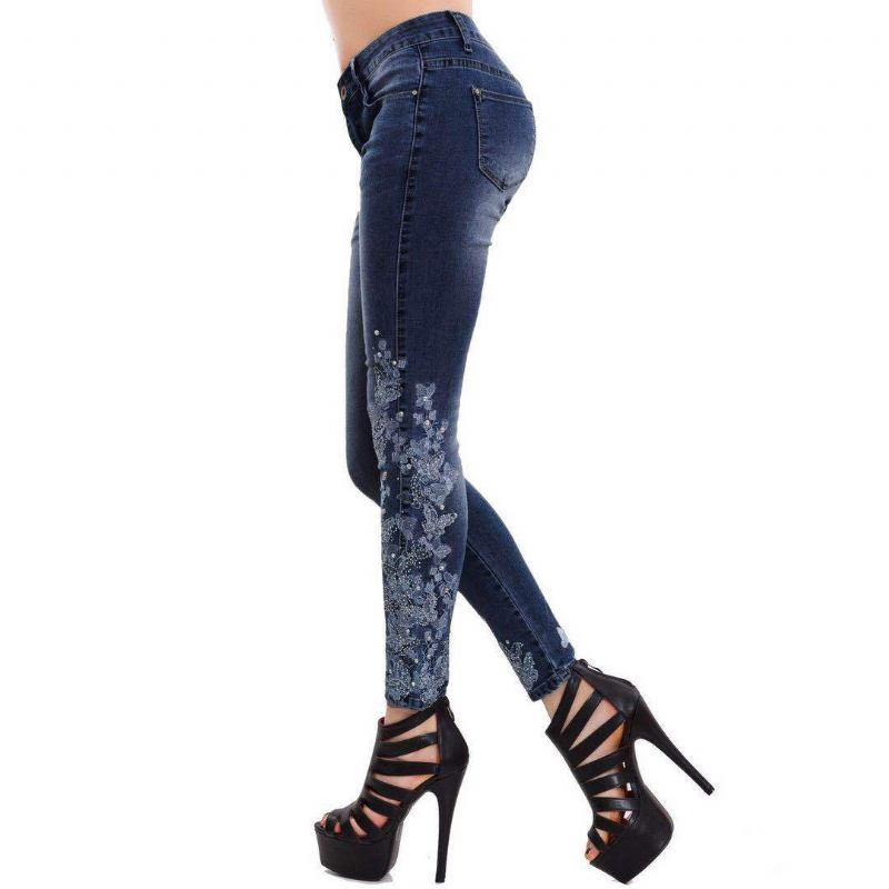 High Stretch Skinny Jeans Naisten Brodeerattu Slim Blue