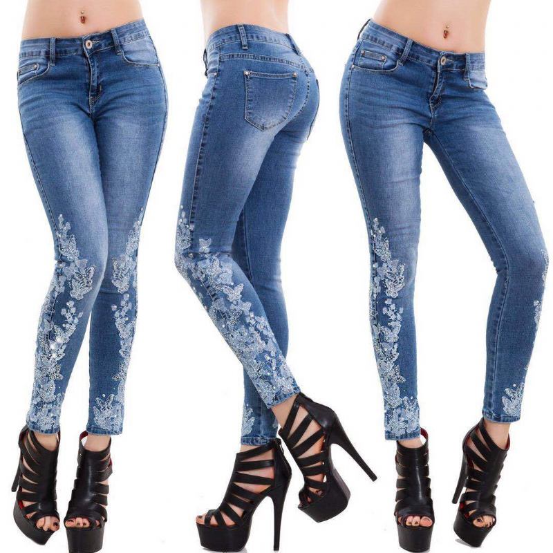 High Stretch Skinny Jeans Naisten Brodeerattu Slim Blue