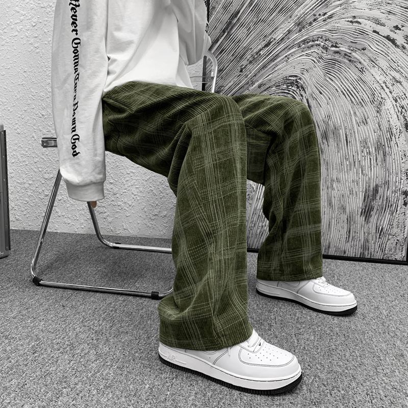 Ruudullinen Casual Pants Miesten Retro Vakosametti Komeat Löysät Leveälahkeiset Housut