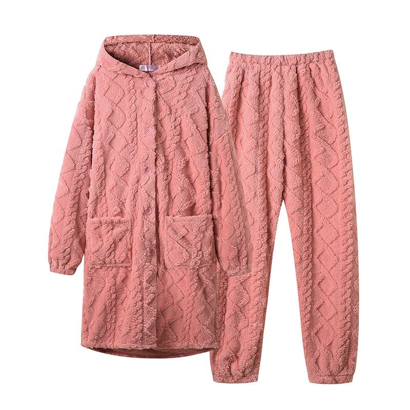 Naisten Pyjamat Flanelli Paksu Pitkä Jacquard-hupullinen Oleskeluasusarja