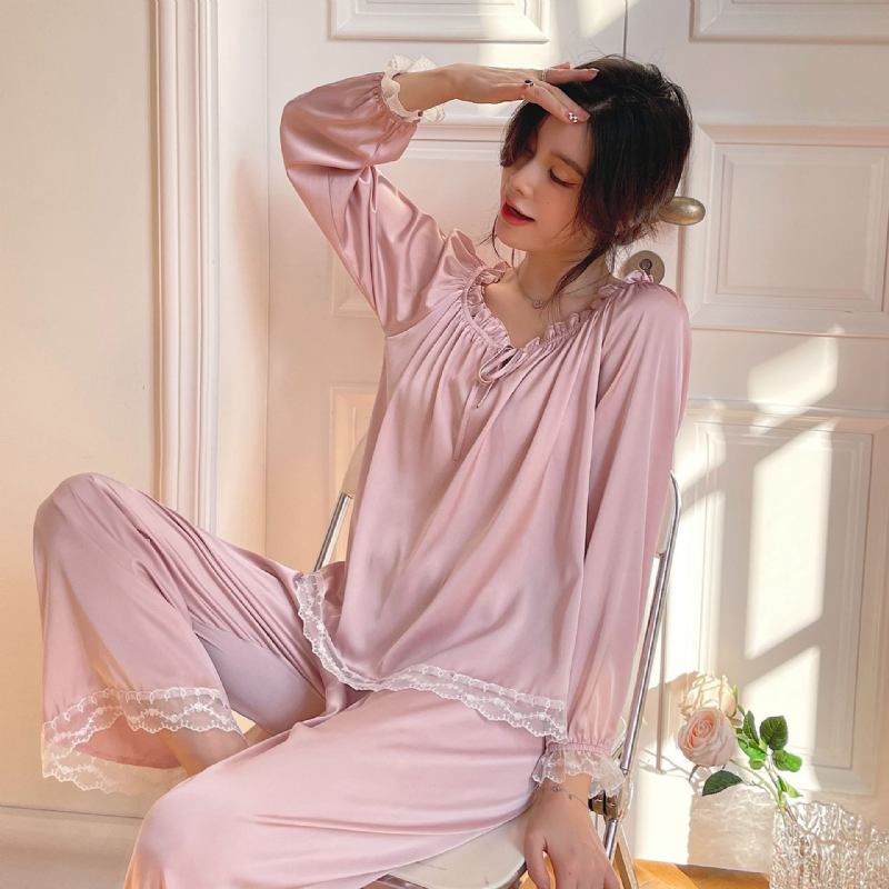 Naisten Pyjamat Silk Homewear Sweet Home Pitkähihaiset Housut