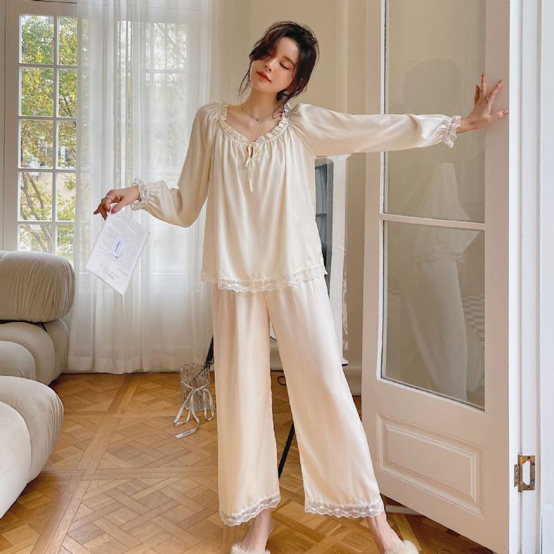 Naisten Pyjamat Silk Homewear Sweet Home Pitkähihaiset Housut