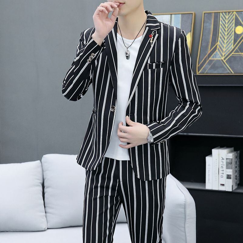 Puvut Miesten Stripes Nuorten Rento Kaksiosaiset Slim Fit -takit