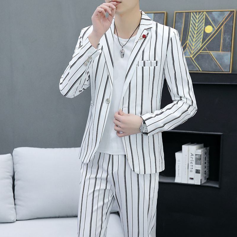 Puvut Miesten Stripes Nuorten Rento Kaksiosaiset Slim Fit -takit