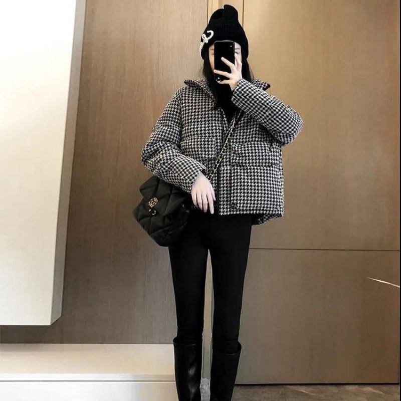 Houndstooth Cotton Coat Naisten Lyhyt 2023 Paksu Takki