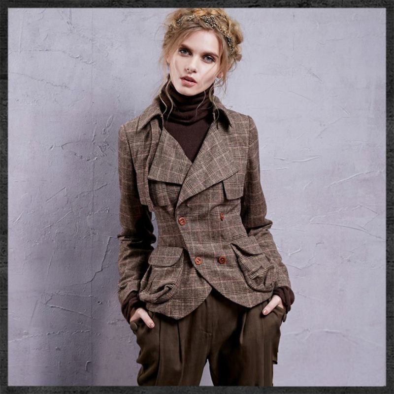 Retro Plaid Blazers Lyhyt Takki Lapel Slim Komea Kaksirivinen