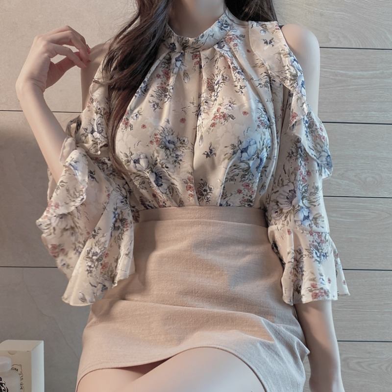 Floral Ladies Shirt Chiffon One Shoulder Sweet