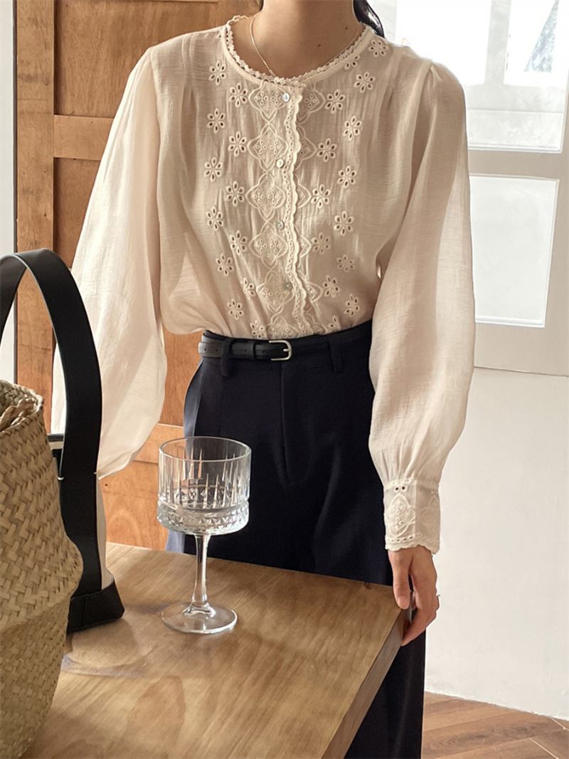 Lace Shirt Naisten Retro Puff Sleeves Muoti