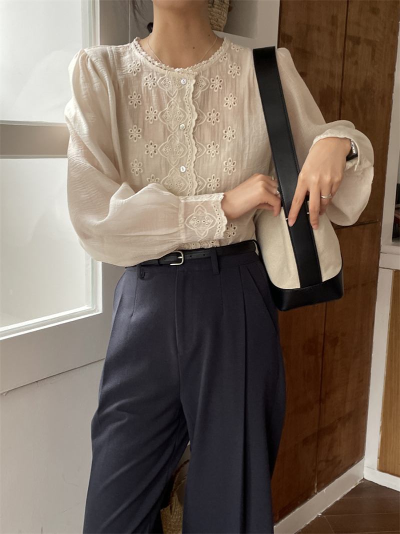 Lace Shirt Naisten Retro Puff Sleeves Muoti