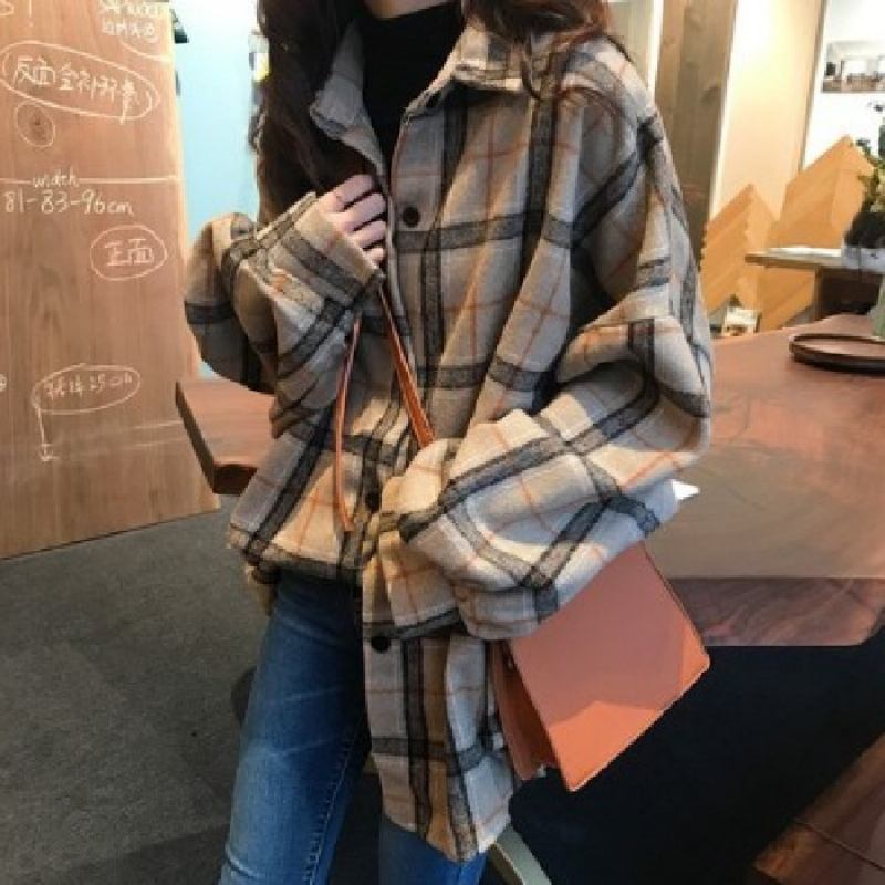 Naisten Paita Vintage Top Loose Check Coat