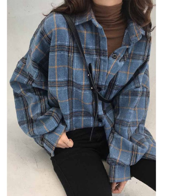 Naisten Paita Vintage Top Loose Check Coat