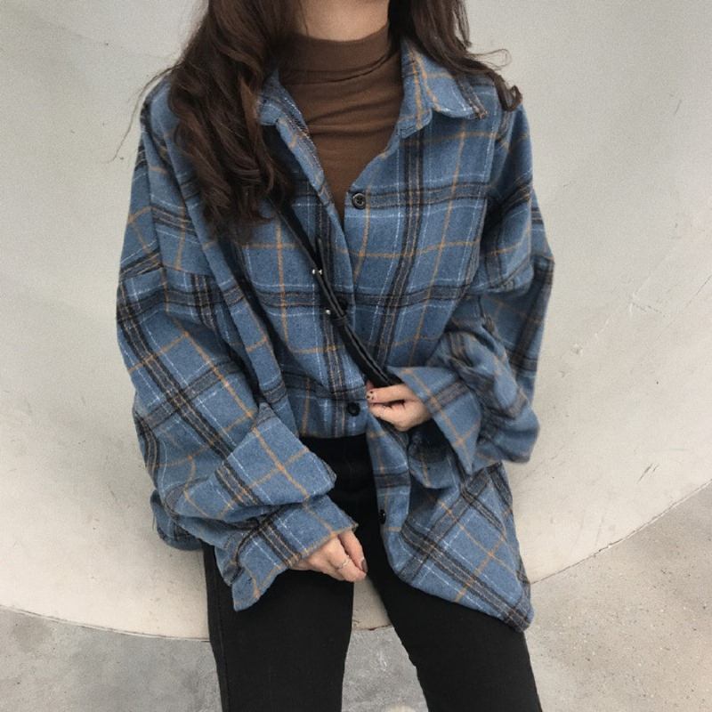 Naisten Paita Vintage Top Loose Check Coat