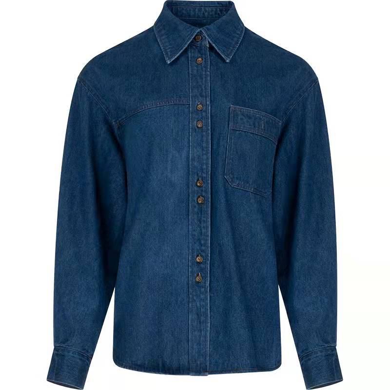 Naisten Vintage Sininen Denim Paita Pikeekaulus Toppi