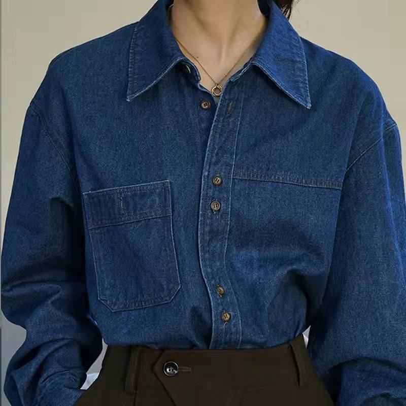 Naisten Vintage Sininen Denim Paita Pikeekaulus Toppi