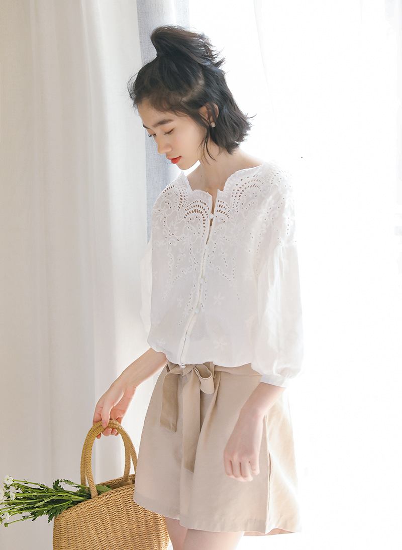 Sweet Ladies Shirt Fresh Petal One Shoulder Hollow Lace Lyhythihainen Paita