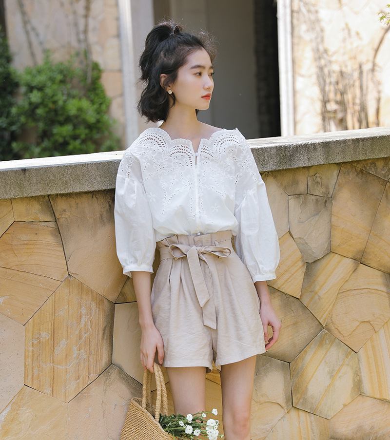 Sweet Ladies Shirt Fresh Petal One Shoulder Hollow Lace Lyhythihainen Paita