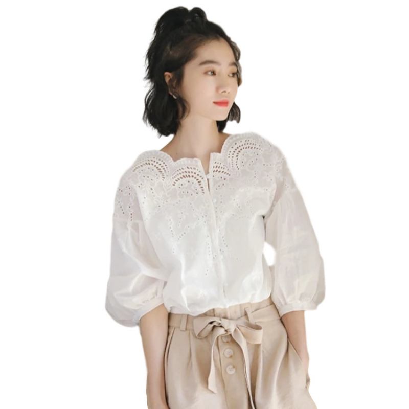 Sweet Ladies Shirt Fresh Petal One Shoulder Hollow Lace Lyhythihainen Paita