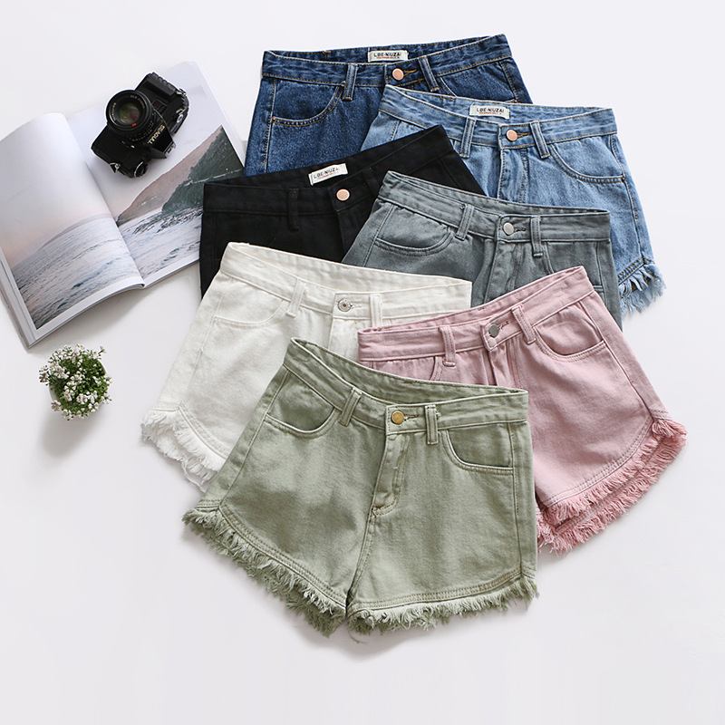 Slim Fit Candy Color Denim Shortsit Naisten Raw Edges Tassel Hot Pants