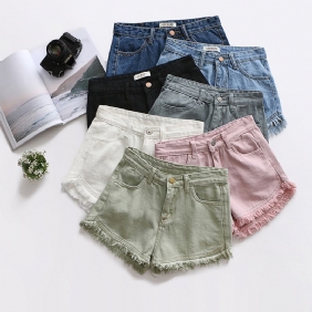 Slim Fit Candy Color Denim Shortsit Naisten Raw Edges Tassel Hot Pants