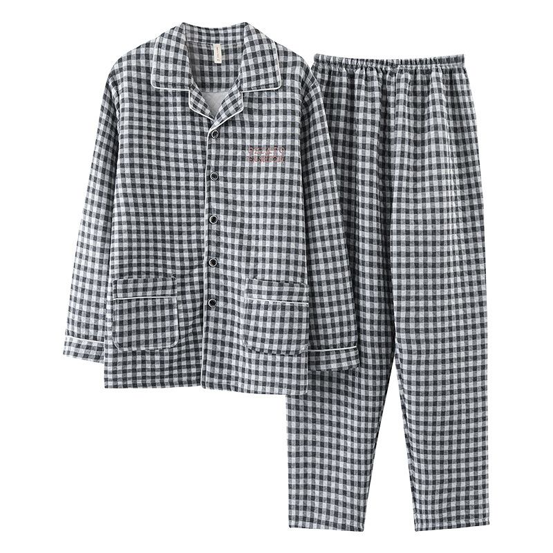 Miesten Pyjamat Puuvilla Lämmin Interlayer Loungewear Pitkähihainen Neuletakkisetti