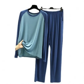 Miesten Pyjamat Stretch Color Matching Housut Pitkähihaiset Pyöreäpääntie Neulepusero Homewear