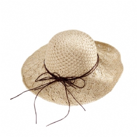 Käsintehty Virkattu Olkihattu Naisten Kokoontaitettava Rusetti Holiday Beach Big Brim Hat Summer